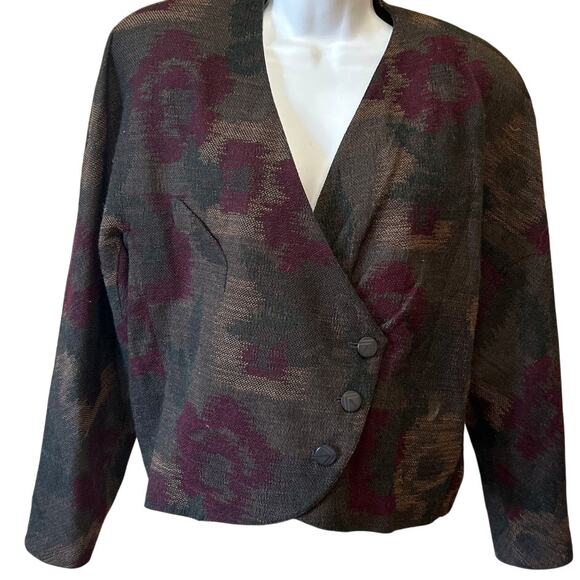 Vtg MICHII MOON Tweed Cropped Blazer Brn Burgundy Double Breasted 12 Womens - Picture 2 of 9